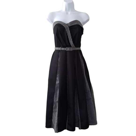 Anthro Eva Franco Strapless Stripe Pleated Fit & Flare Midi Dress, Black, Sz 8 - Picture 1 of 9